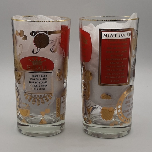 MCM Cocktail Recipe Glasses Dining Vintage Mid Century Modern Red Gold Cocktail Recipe